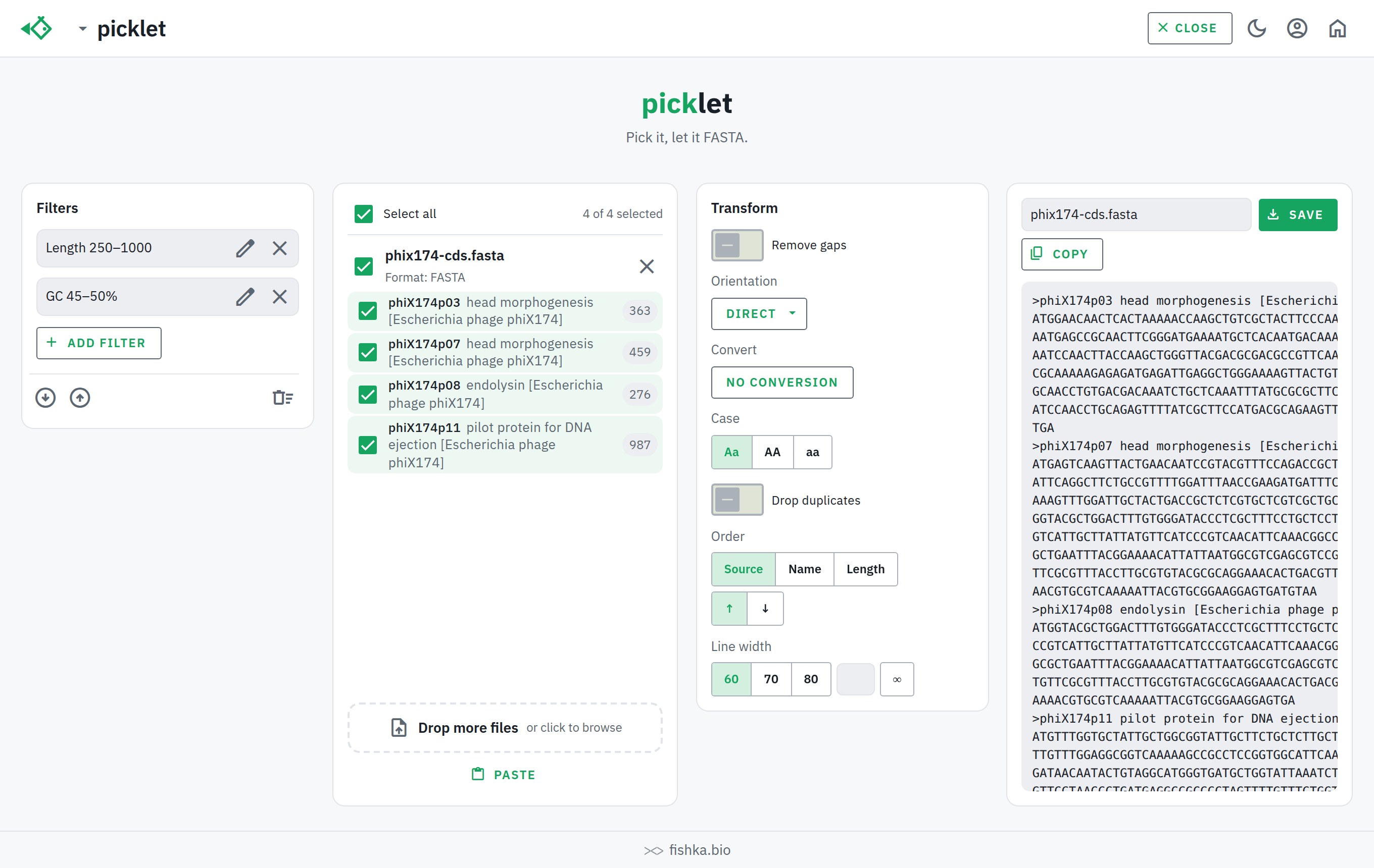picklet с фильтром по длине и фильтром по GC, применёнными к мульти-FASTA кодирующих последовательностей фага: список сужен до прошедших записей, светлая тема